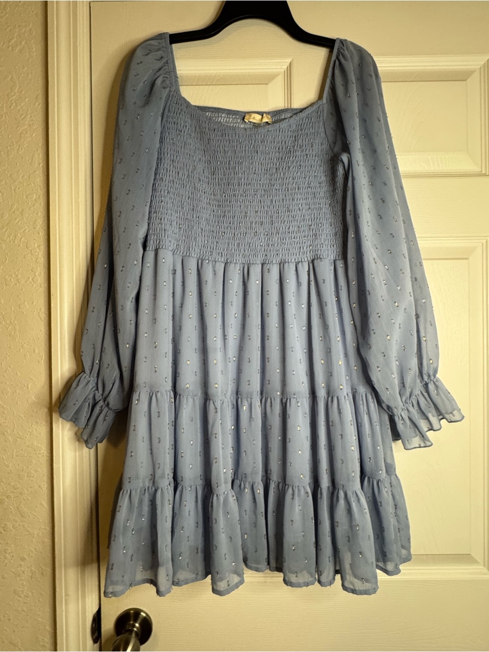 Altar'd State Light Blue Smocked Tiered Dress with Metallic Dot Detail